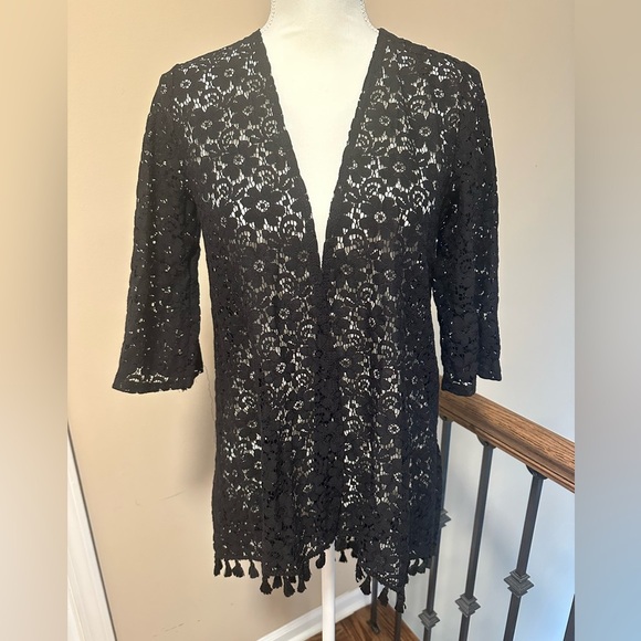 Espresso Floral Crochet Open Front Tassel Hem Kimono Cardigan Petite Medium - Picture 1 of 5